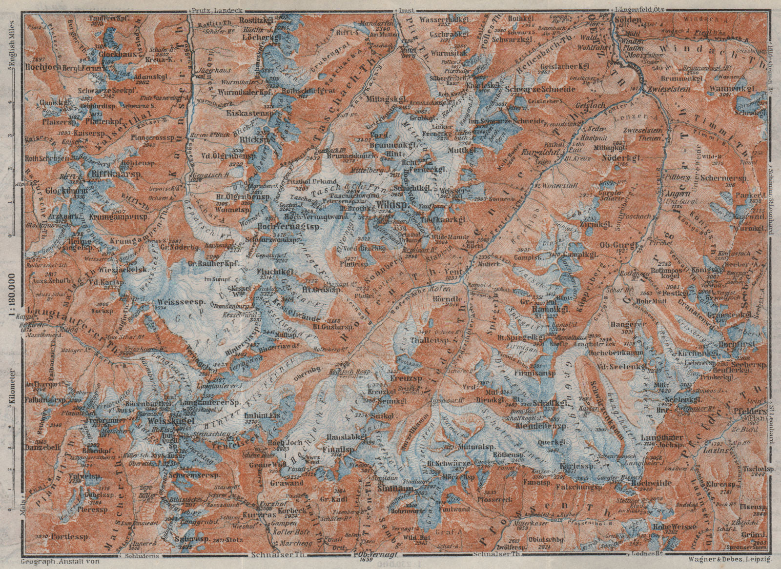 UPPER ÖTZTAL Solden Obergurgl Wildspitze Tyrol Tirol topo-map. Austria 1923